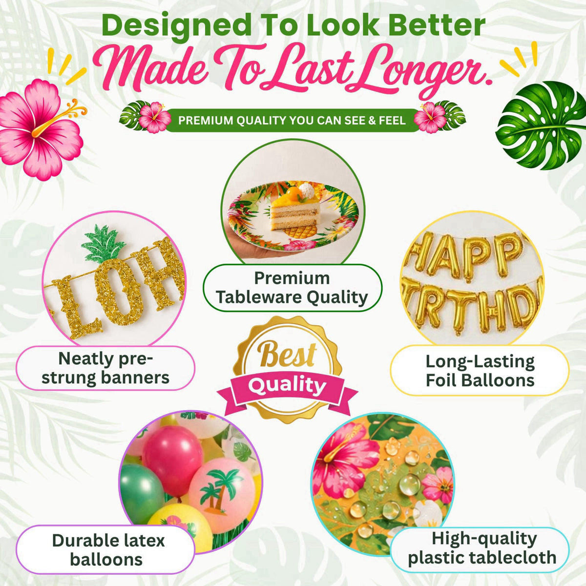 RainMeadow Premium Luau Birthday Party Decorations Set for 25 Guests - Hawaiian Theme – back view and specifications