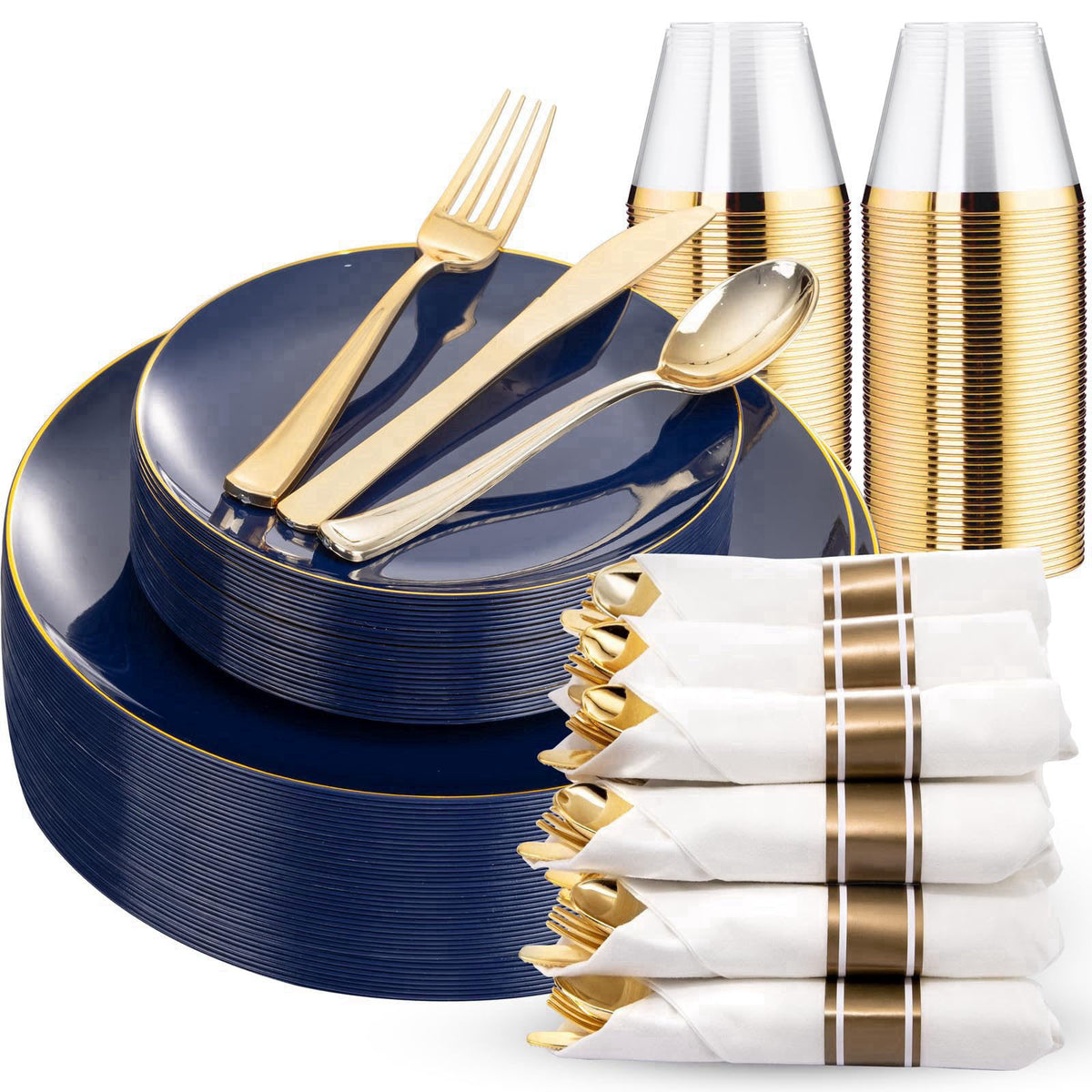 KIRE 175Pcs Blue Plastic Plates - Navy Blue Plates Disposable - 25 for Dinner 25 for Dessert 25 Pre Rolled Napkins with 