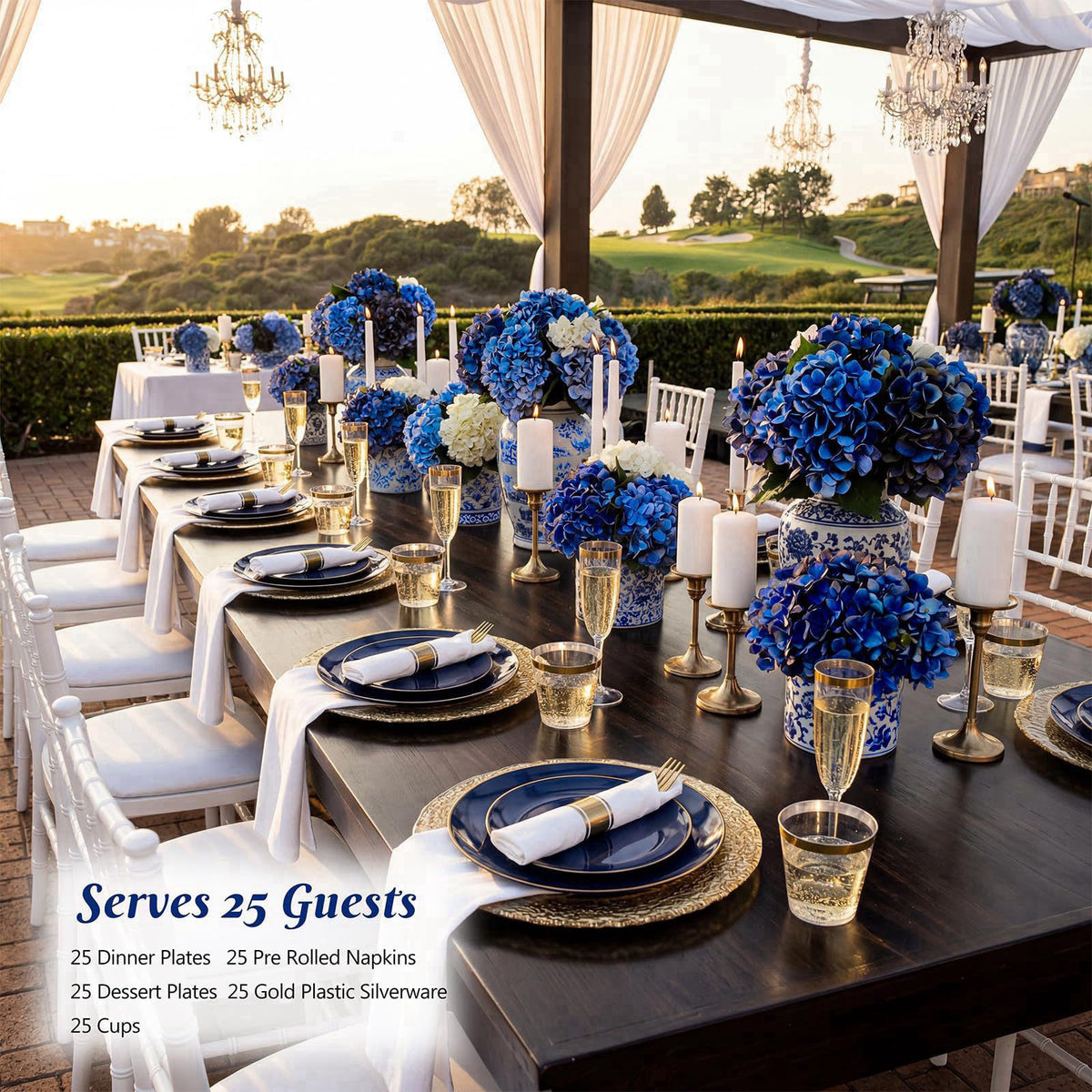 KIRE 175Pcs Blue Plastic Plates - Navy Blue Plates Disposable - 25 for Dinner 25 for Dessert 25 Pre Rolled Napkins with 