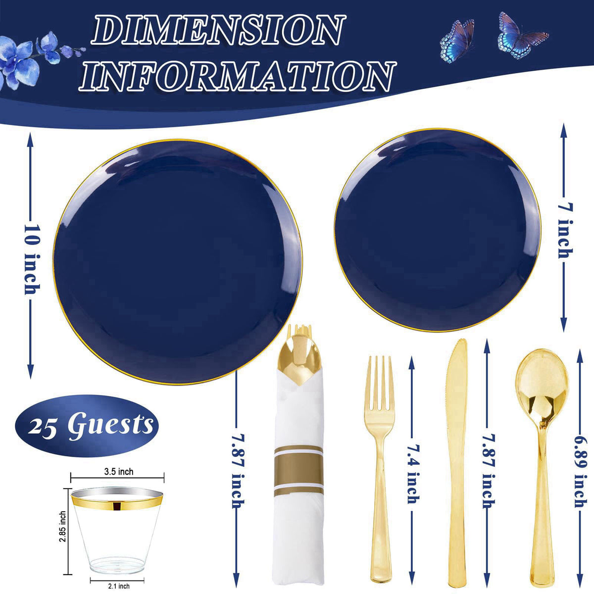 KIRE 175Pcs Blue Plastic Plates - Navy Blue Plates Disposable - 25 for Dinner 25 for Dessert 25 Pre Rolled Napkins with 