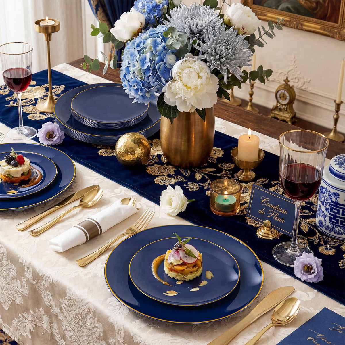 KIRE 175Pcs Blue Plastic Plates - Navy Blue Plates Disposable - 25 for Dinner 25 for Dessert 25 Pre Rolled Napkins with 