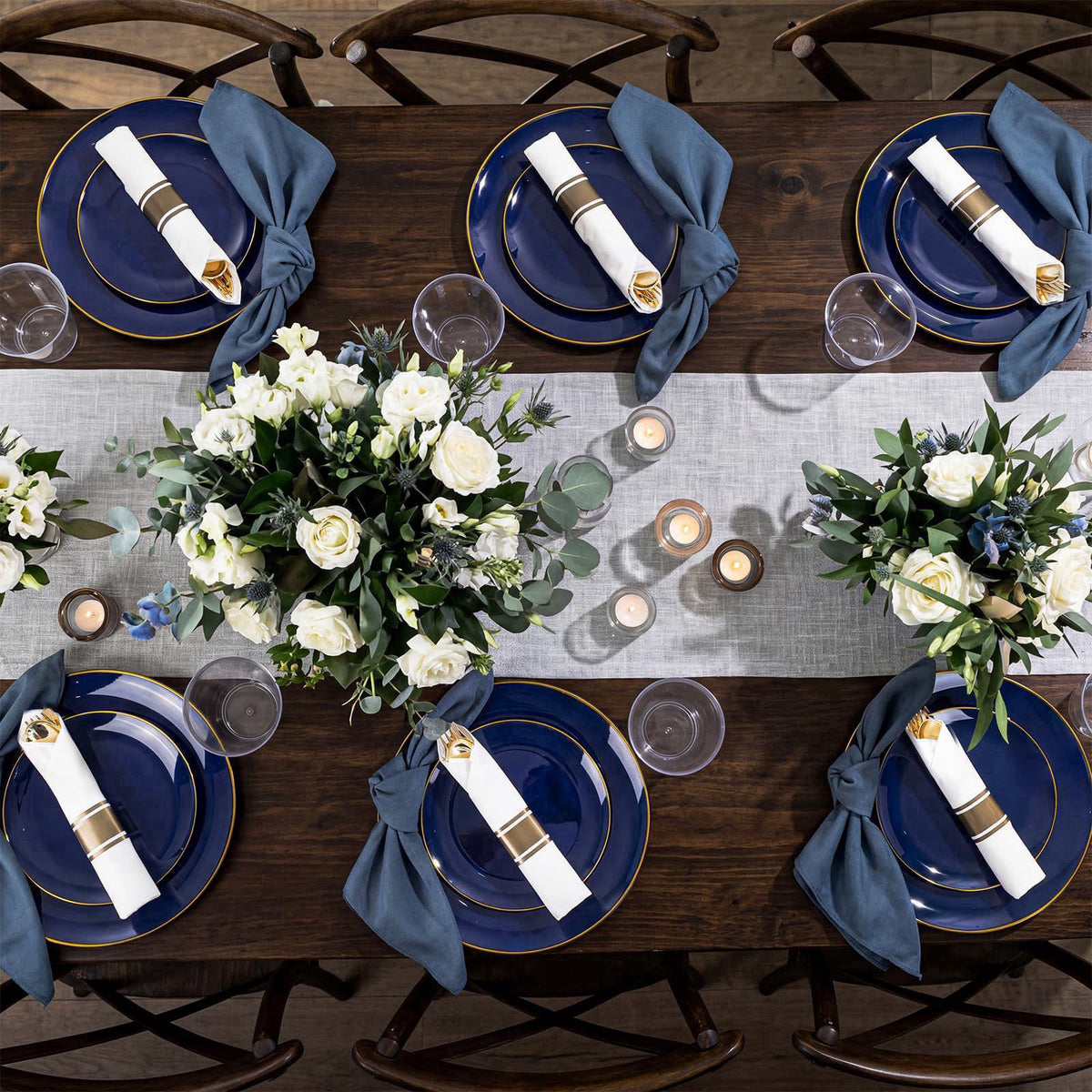 KIRE 175Pcs Blue Plastic Plates - Navy Blue Plates Disposable - 25 for Dinner 25 for Dessert 25 Pre Rolled Napkins with 