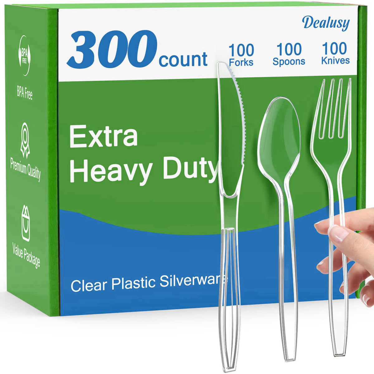 Dealusy 300 Count Extra Heavy Duty Clear Plastic Silverware – product photo (Cutlery Sets)