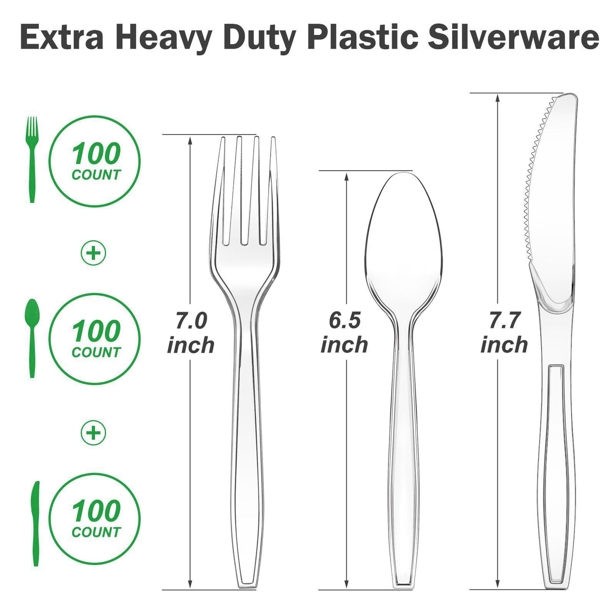 Dealusy 300 Count Extra Heavy Duty Clear Plastic Silverware – packaging and label