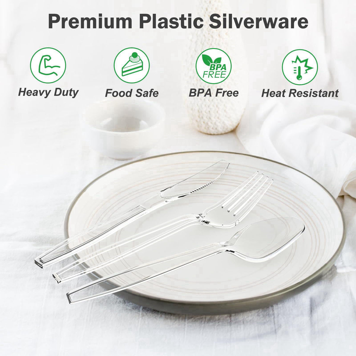 Dealusy 300 Count Extra Heavy Duty Clear Plastic Silverware – full view