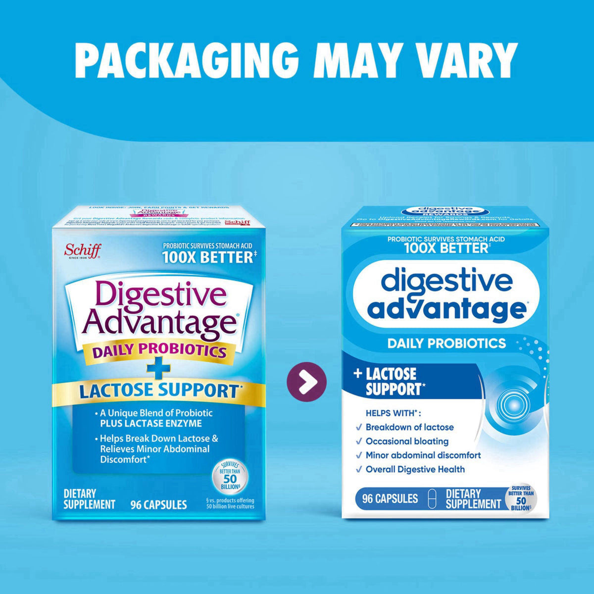Digestive Advantage Daily Probiotics, Lactose Support - 96 ct Capsules – back view and specifications