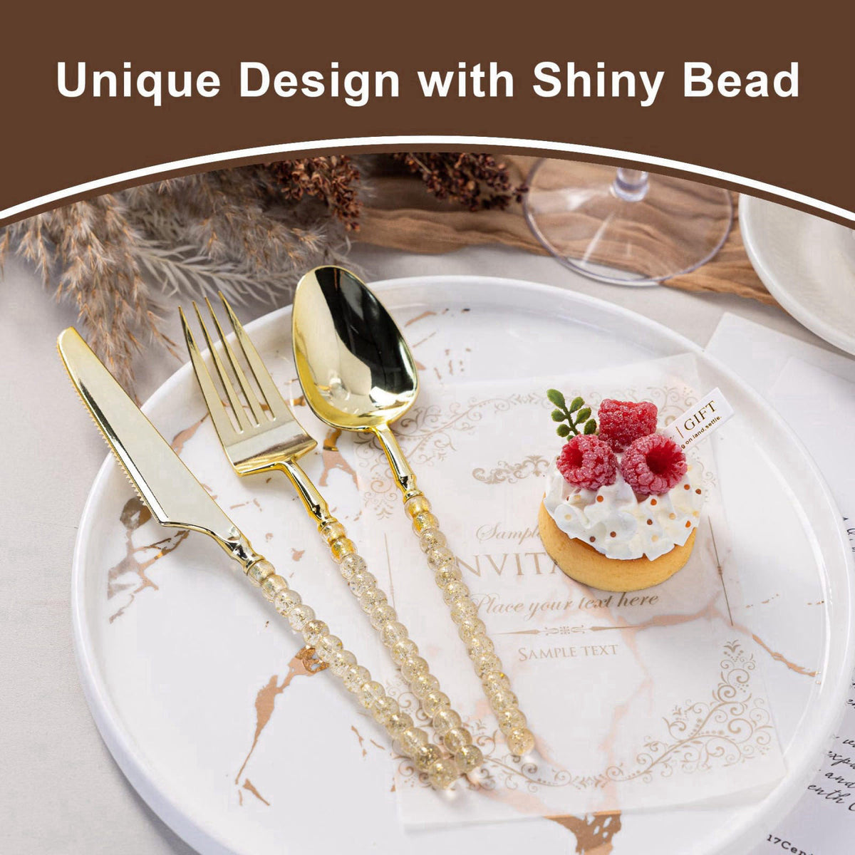 QualQuot 150PCS Gold Plastic Silverware, Heavy Duty Disposable Utensils Set – full view