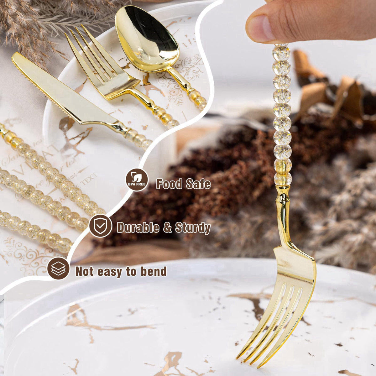 QualQuot 150PCS Gold Plastic Silverware, Heavy Duty Disposable Utensils Set – back view and specifications