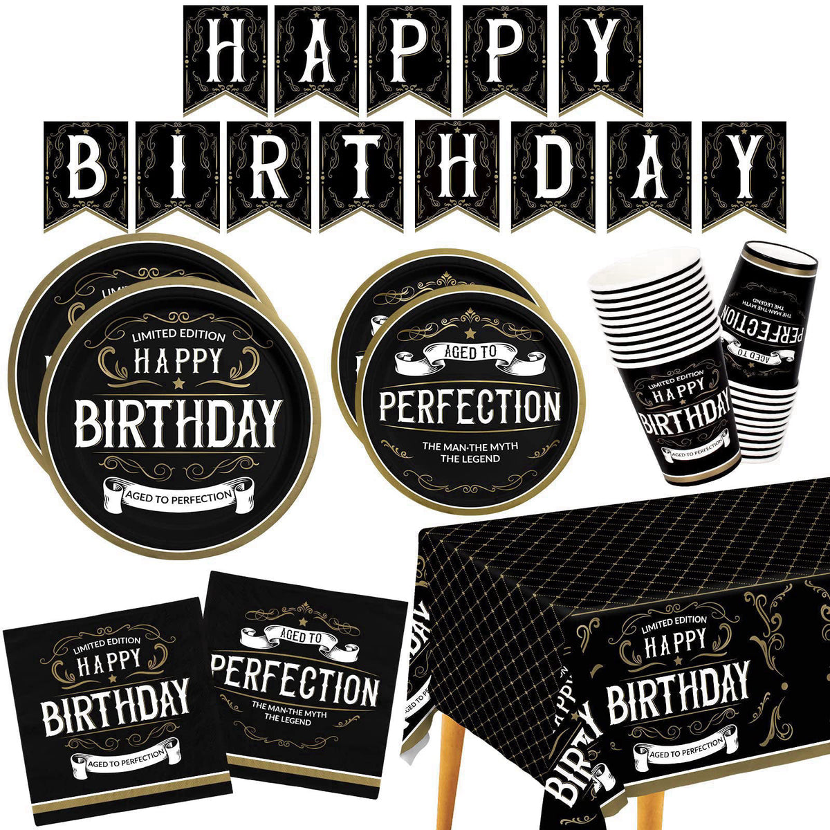 Gatherfun Birthday Party Supplies Disposable Paper Plates Napkins Cups Tablecloth and Banner for Happy Birthday Party De