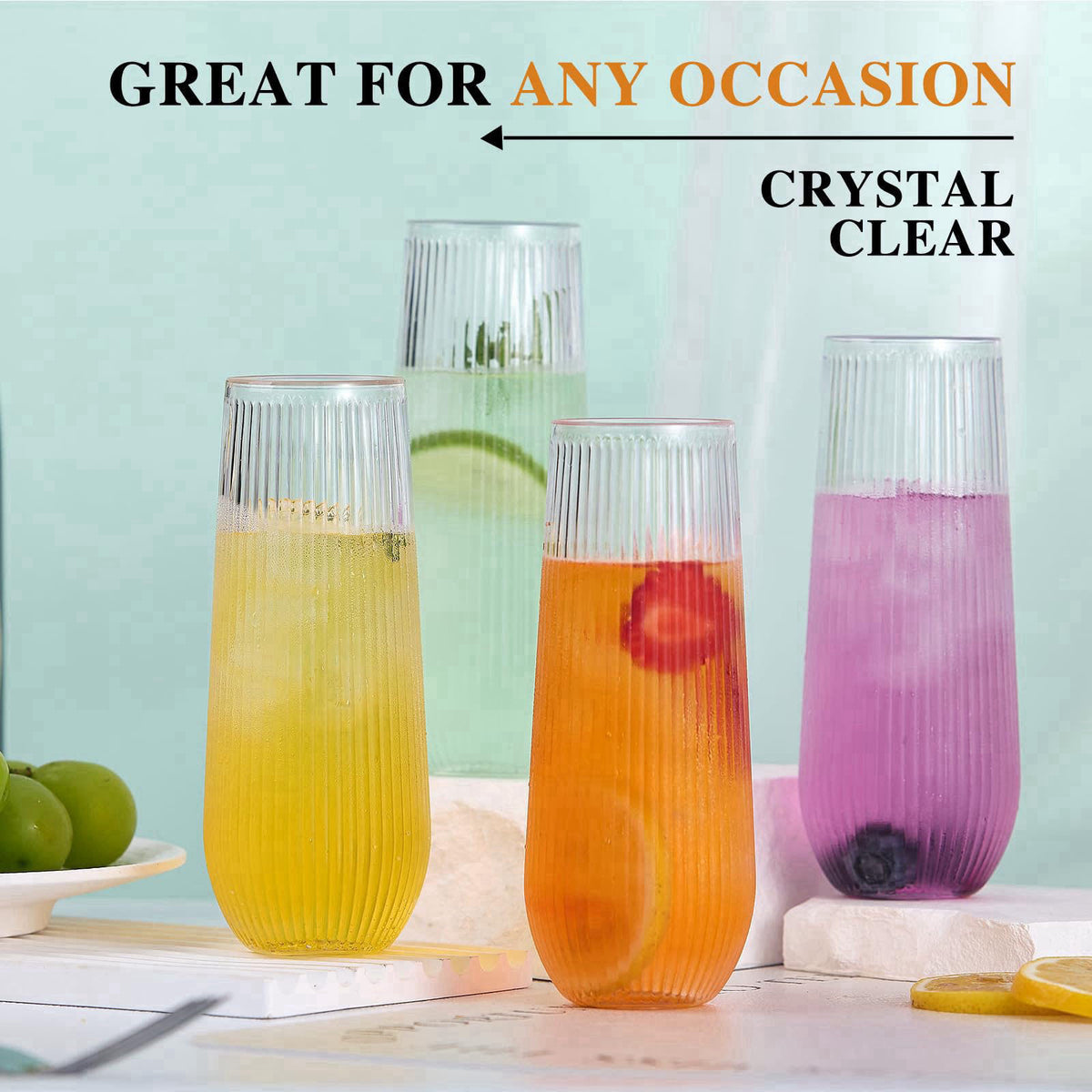 Lueumxc 48 Pack Plastic Champagne Flutes, 9 Oz Ribbed Unbreakable Disposable Cups – packaging and label