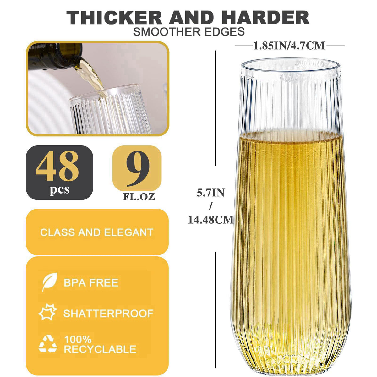Lueumxc 48 Pack Plastic Champagne Flutes, 9 Oz Ribbed Unbreakable Disposable Cups – full view