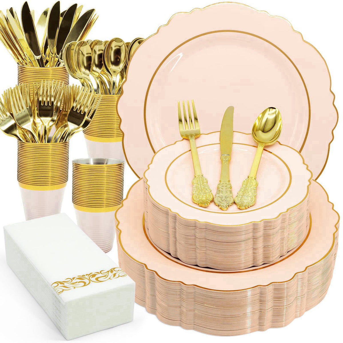 AIRE Pink Gold Plastic Plates Set, 175PCS Disposable Dinnerware for 25 – Pink-175, Plastic Plastic Plastic Plastic Plast