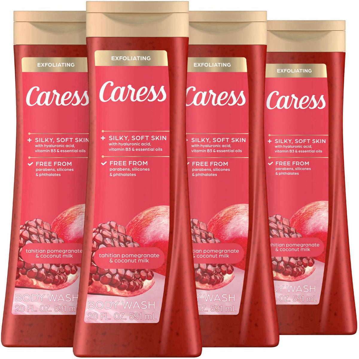 Caress Tahitian Pomegranate & Coconut Milk Exfoliating Scrub Body Wash with Hyaluronic Acid & Vitamin B3 for Moisturized