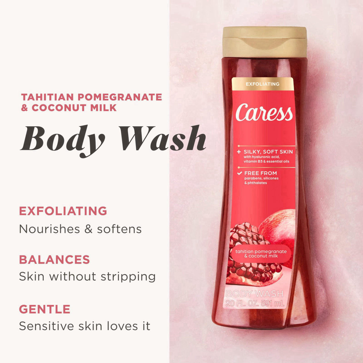 Caress Tahitian Pomegranate & Coconut Milk Exfoliating Scrub Body Wash with Hyaluronic Acid & Vitamin B3 for Moisturized