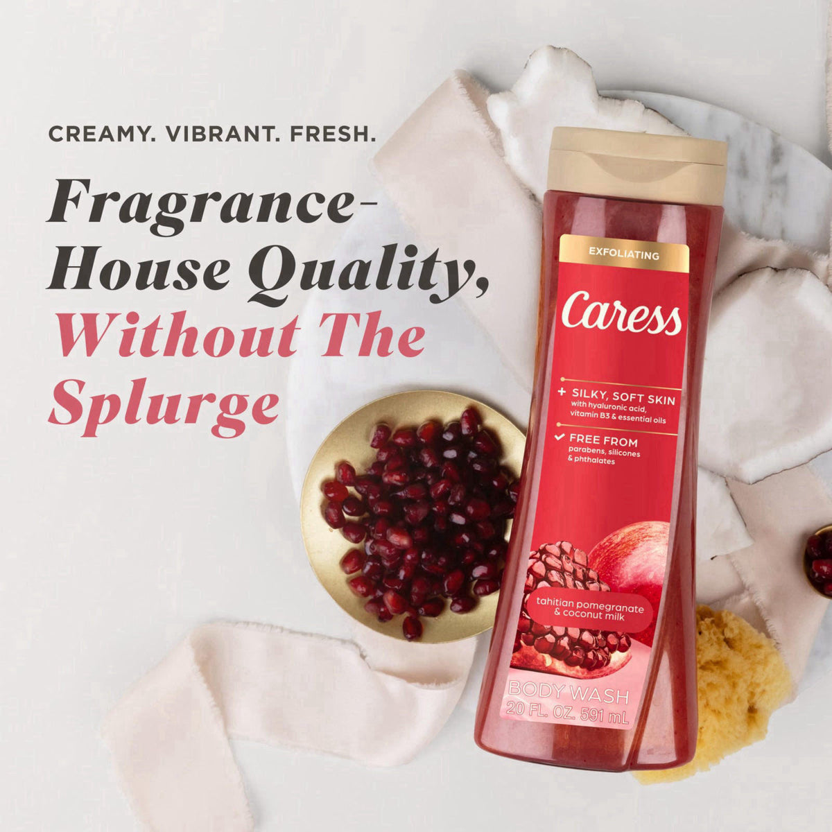 Caress Tahitian Pomegranate & Coconut Milk Exfoliating Scrub Body Wash with Hyaluronic Acid & Vitamin B3 for Moisturized