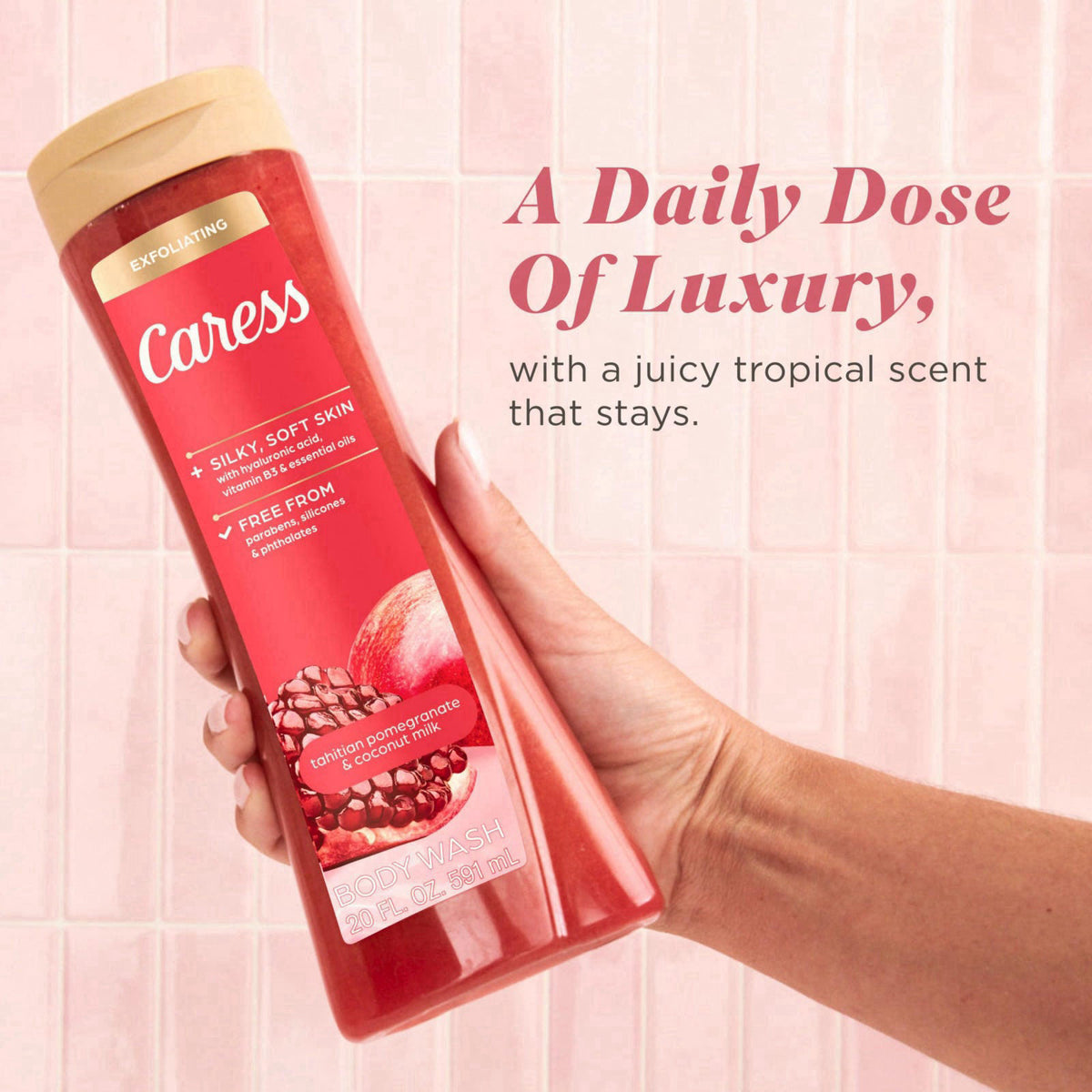 Caress Tahitian Pomegranate & Coconut Milk Exfoliating Scrub Body Wash with Hyaluronic Acid & Vitamin B3 for Moisturized