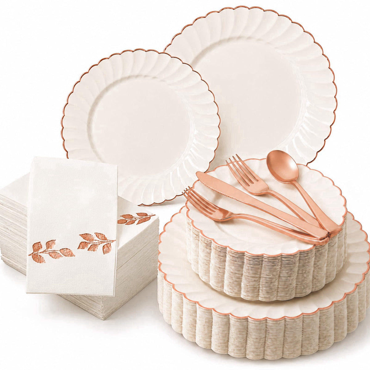 By Madee HEAVYWEIGHT Scalloped Rose Gold Disposable Dinnerware Set 175 Pc – Ivory Rose Gold