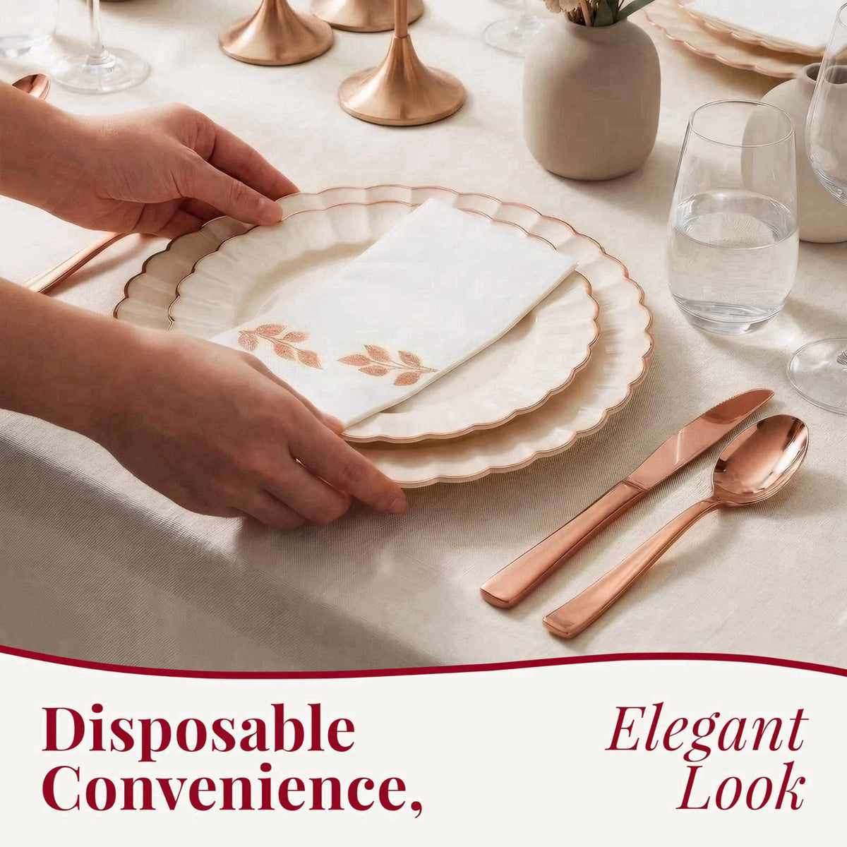 By Madee HEAVYWEIGHT Scalloped Rose Gold Disposable Dinnerware Set 175 Pc – packaging and label