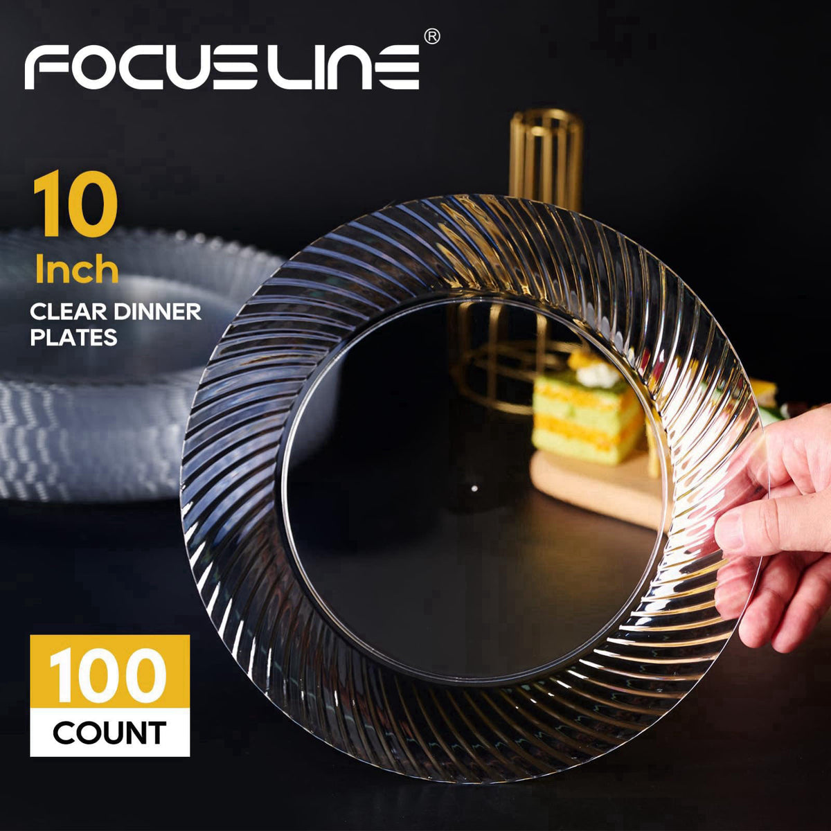 FOCUSLINE 10 Inch Clear Plastic Plates, 100 Count Disposable Dinner Plates – packaging and label