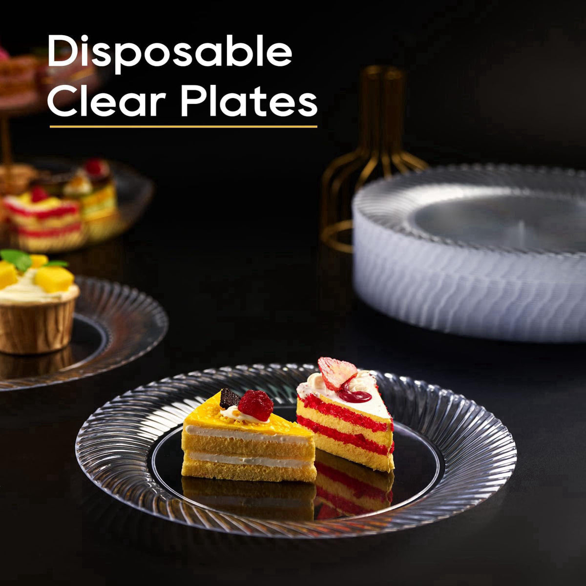 FOCUSLINE 10 Inch Clear Plastic Plates, 100 Count Disposable Dinner Plates – back view and specifications