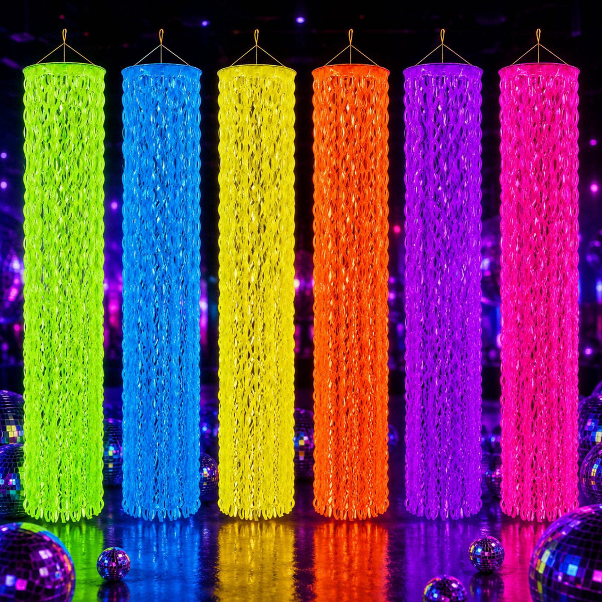 succulentlovers 6Pcs Glow in the Dark Neon Party Hanging Backdrop Decor with Foil Fringe