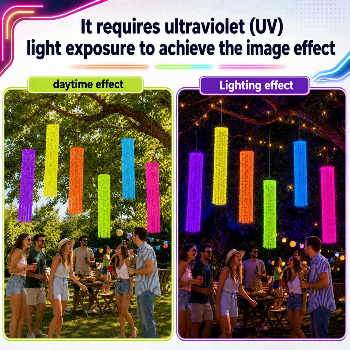 succulentlovers 6Pcs Glow in the Dark Neon Party Hanging Backdrop Decor with Foil Fringe – packaging and label