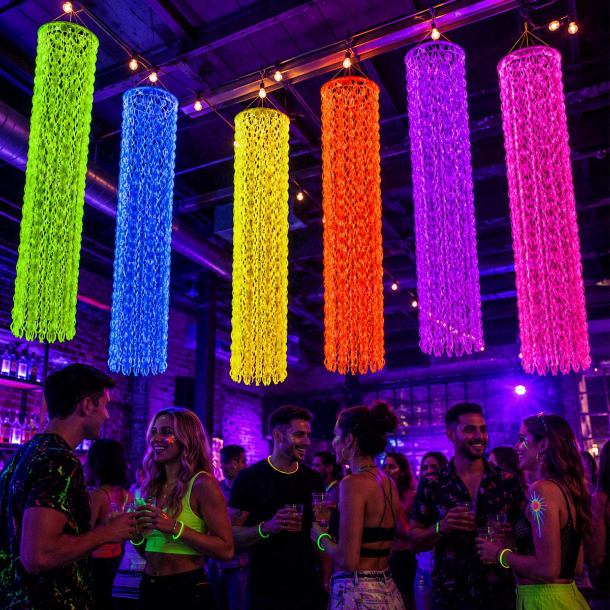 succulentlovers 6Pcs Glow in the Dark Neon Party Hanging Backdrop Decor with Foil Fringe – back view and specifications