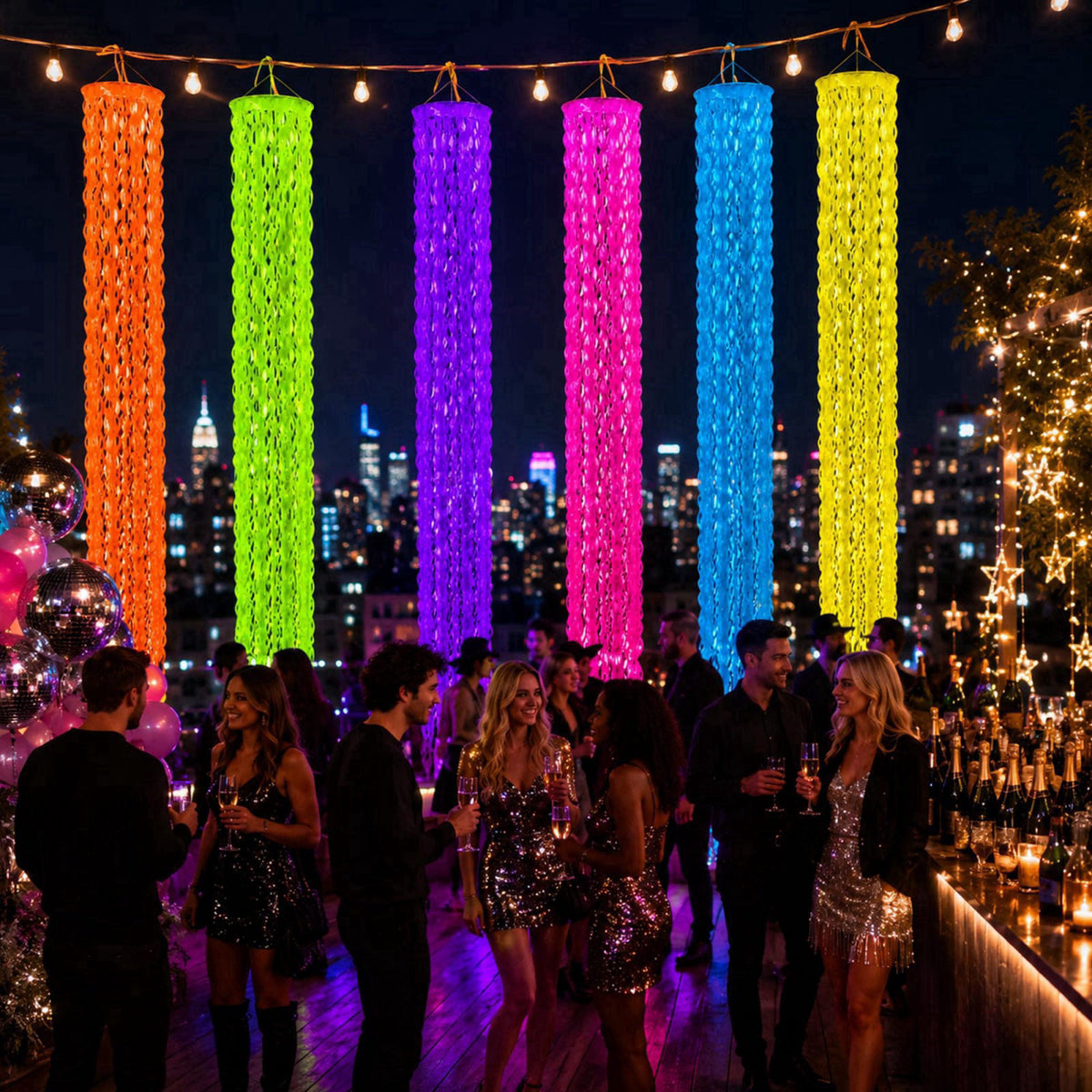 succulentlovers 6Pcs Glow in the Dark Neon Party Hanging Backdrop Decor with Foil Fringe – alternate angle