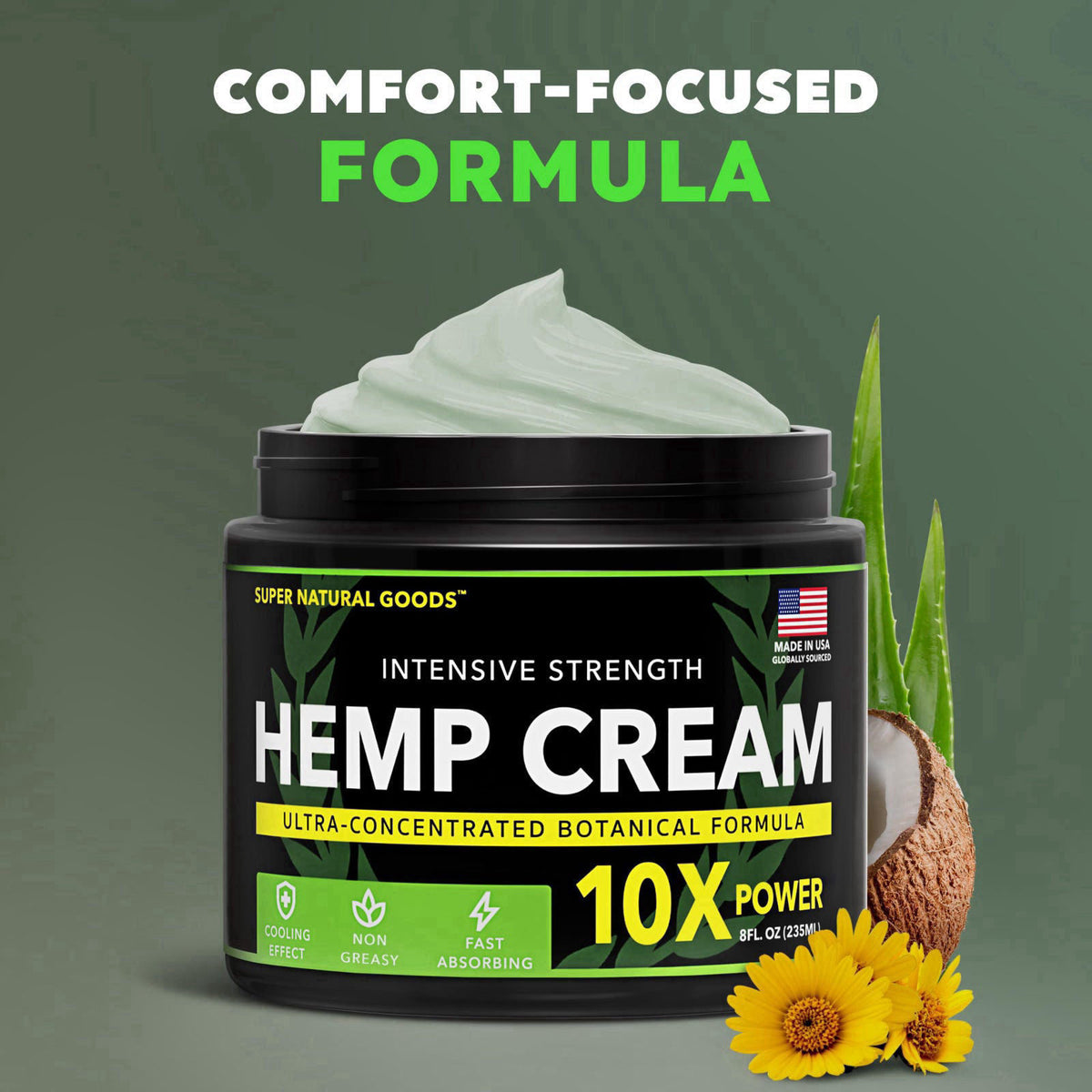 Super Natural Goods Hemp Cream Maximum Strength Arnica MSM Menthol Aloe for Localized Use 8 oz – packaging and label