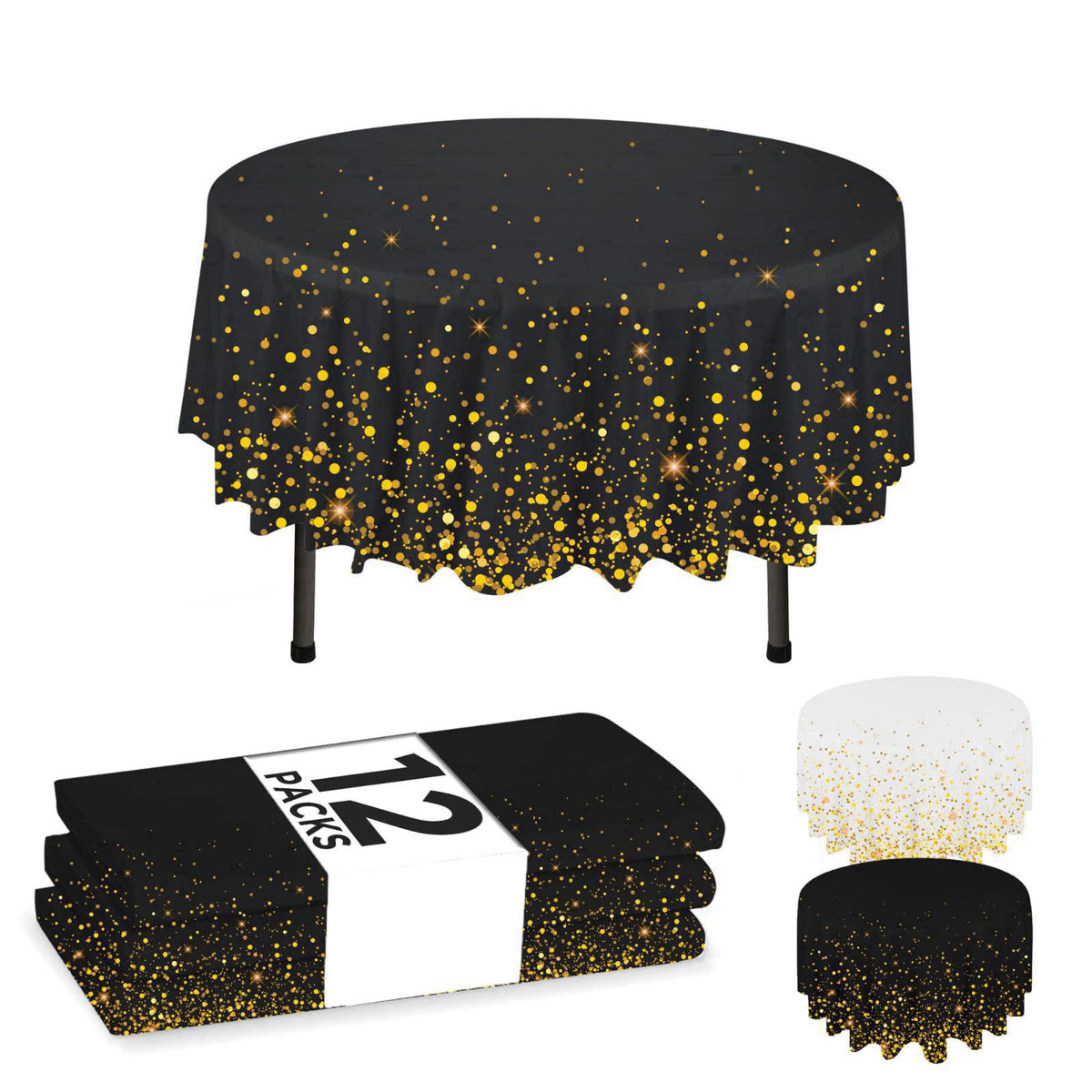 NORZEE 12-Pack Black Disposable Tablecloths, 84" Round Table Cover, Plastic Table Cloth With Gold CONFETY – product 