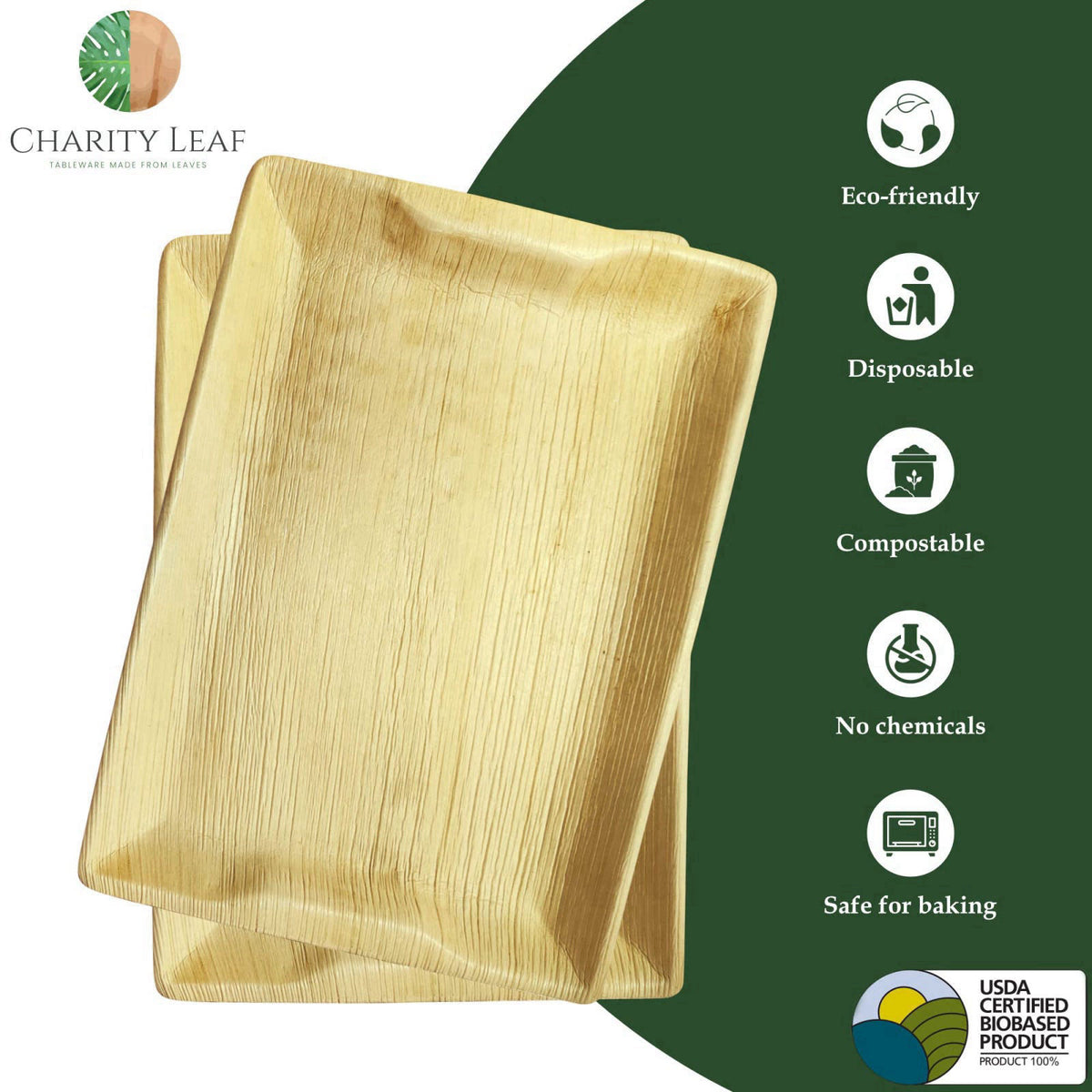 Charity Leaf Disposable Bamboo 14" x 10" Trays (10 Pieces) Bamboo Serving Platters, Disposable Boards, Eco-Frien