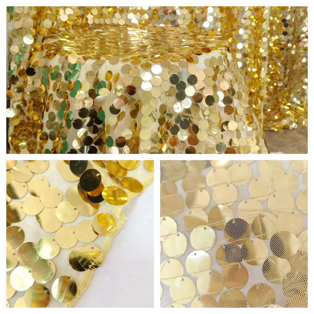 TCBESTO Large Payatte 18MM Sequin Backdrop Curtains, Light Gold, 9FTx8FT – back view and specifications