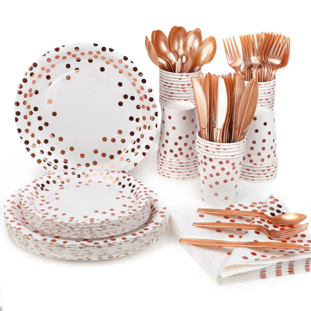 Lzerking Party Supplies Set - 280 Pieces of White and Rose Gold Dot Paper Plates, Cups, Napkins, and Heavy Duty Silverwa