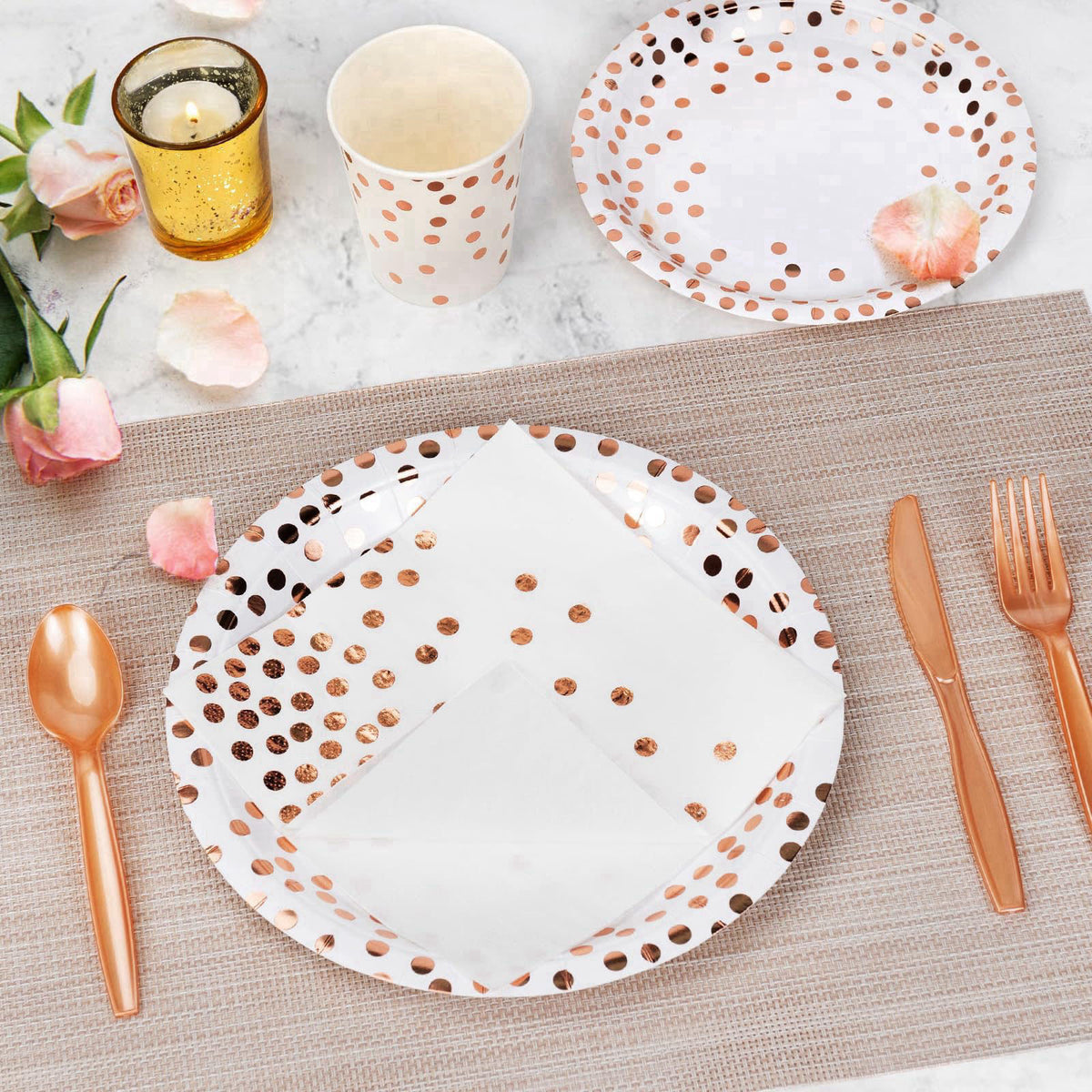 Lzerking Party Supplies Set - 280 Pieces of White and Rose Gold Dot Paper Plates, Cups, Napkins, and Heavy Duty Silverwa