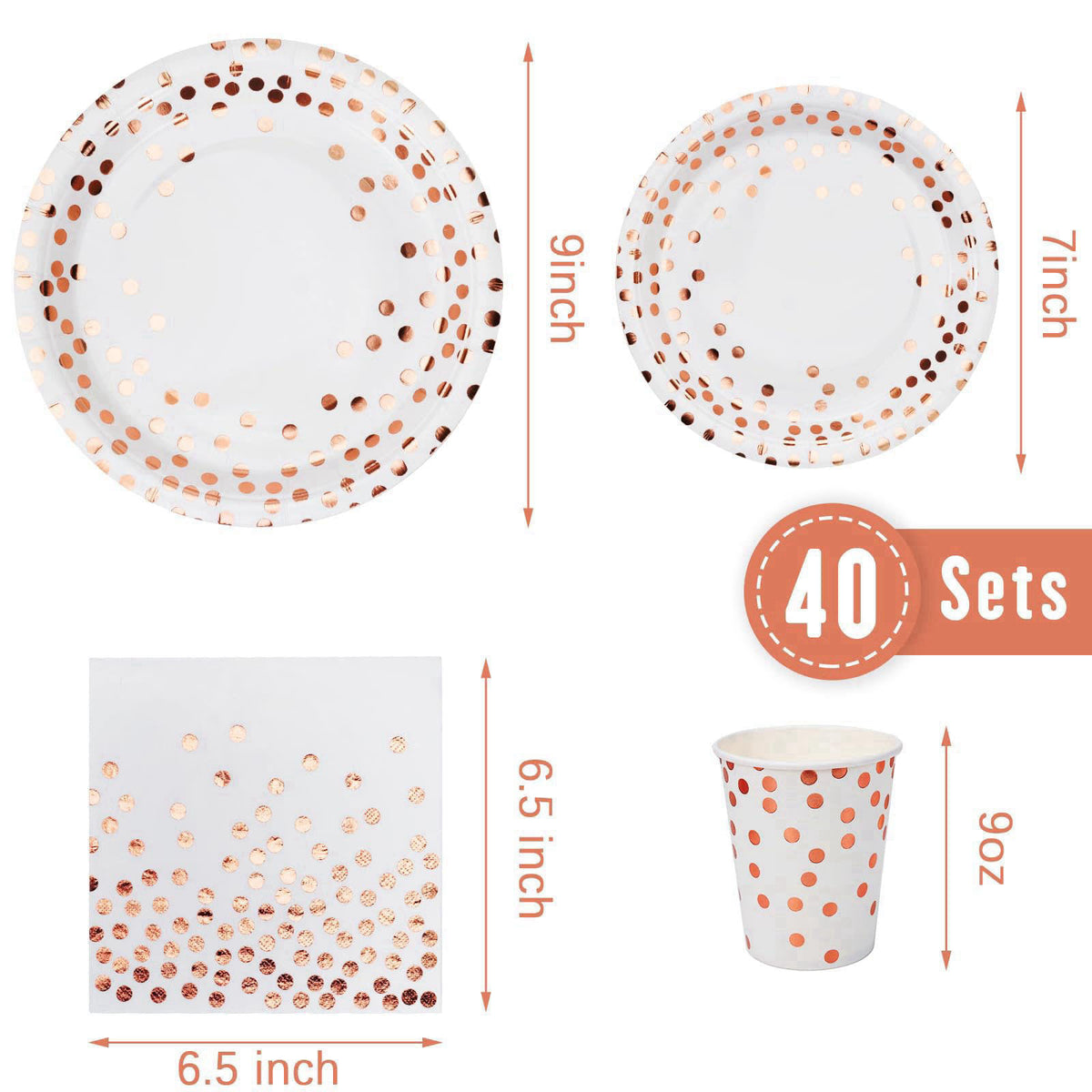 Lzerking Party Supplies Set - 280 Pieces of White and Rose Gold Dot Paper Plates, Cups, Napkins, and Heavy Duty Silverwa