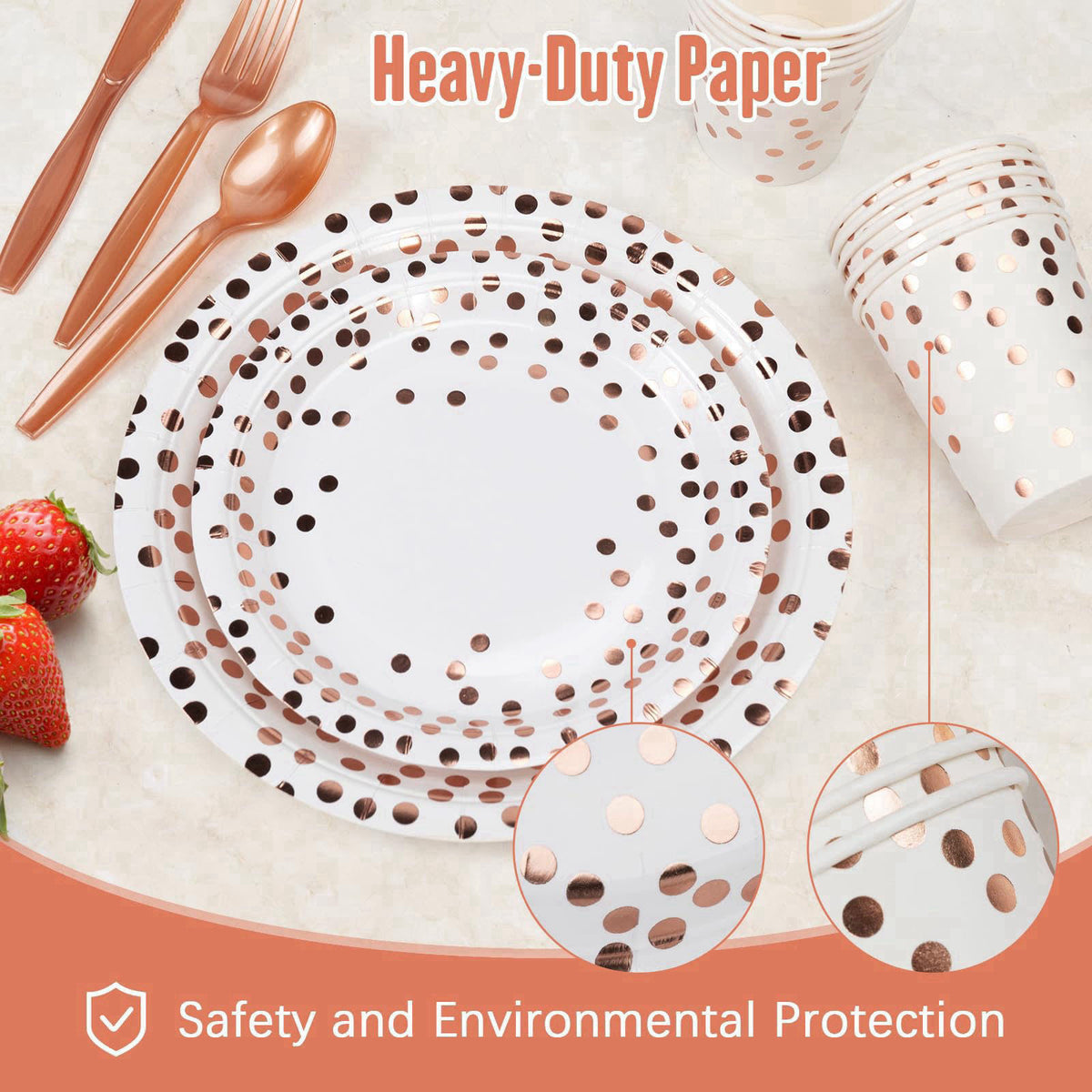 Lzerking Party Supplies Set - 280 Pieces of White and Rose Gold Dot Paper Plates, Cups, Napkins, and Heavy Duty Silverwa