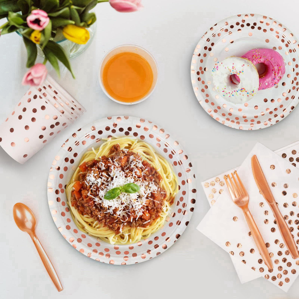 Lzerking Party Supplies Set - 280 Pieces of White and Rose Gold Dot Paper Plates, Cups, Napkins, and Heavy Duty Silverwa