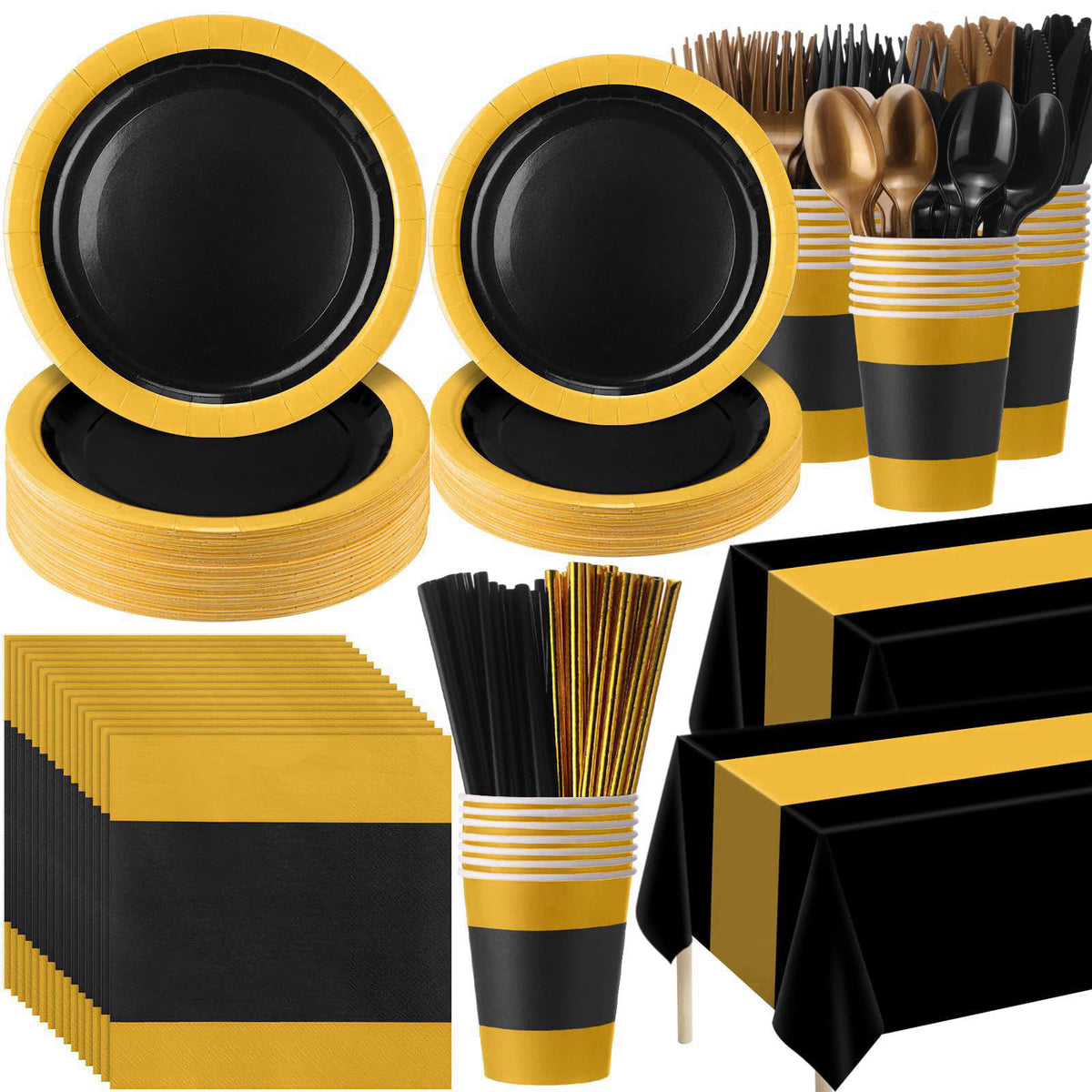 Funnymoom 452 Pcs Black and Gold Party Supply for 50 Guest – Black and Gold, Knife, fork, spoon: plastic, Plate, cup, na