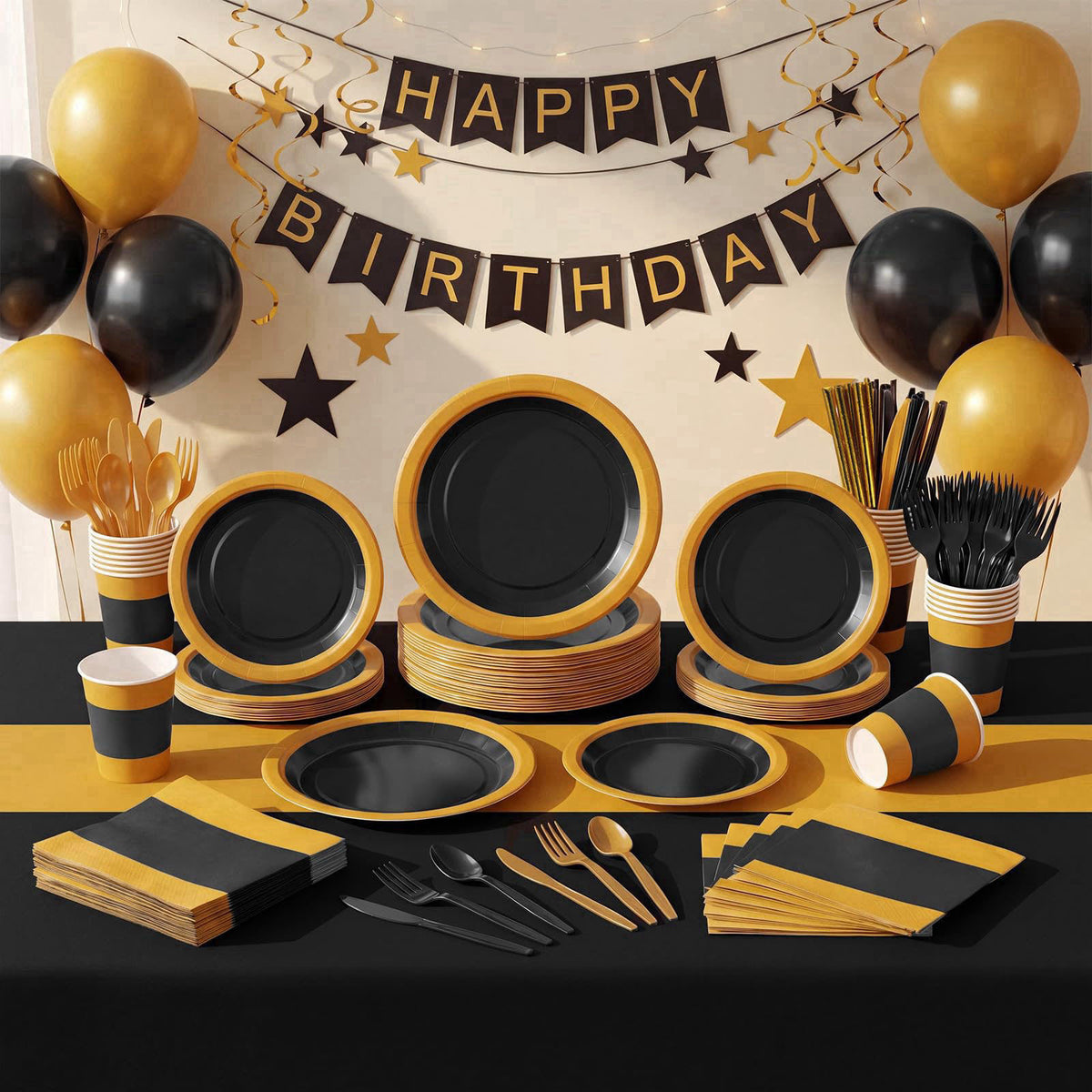 Funnymoom 452 Pcs Black and Gold Party Supply for 50 Guest – close-up detail in Black and Gold