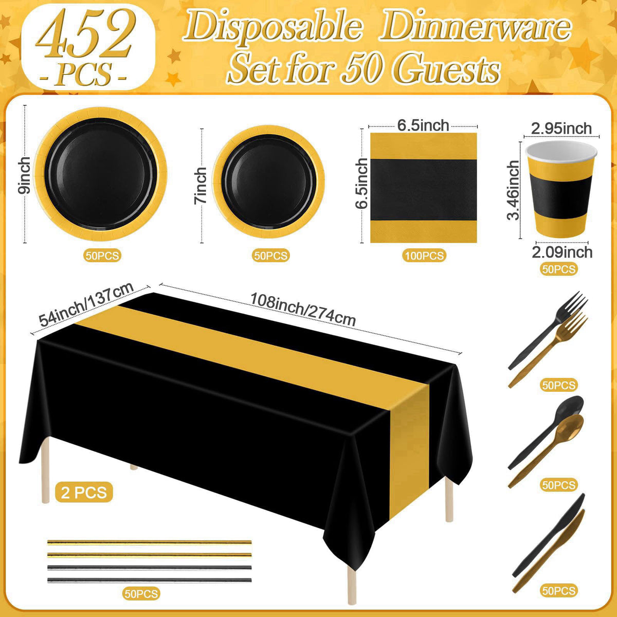 Funnymoom 452 Pcs Black and Gold Party Supply for 50 Guest – packaging and label