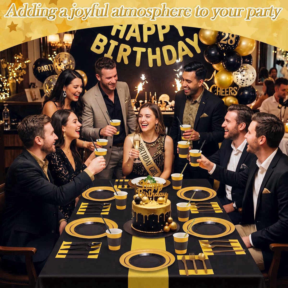 Funnymoom 452 Pcs Black and Gold Party Supply for 50 Guest – back view and specifications