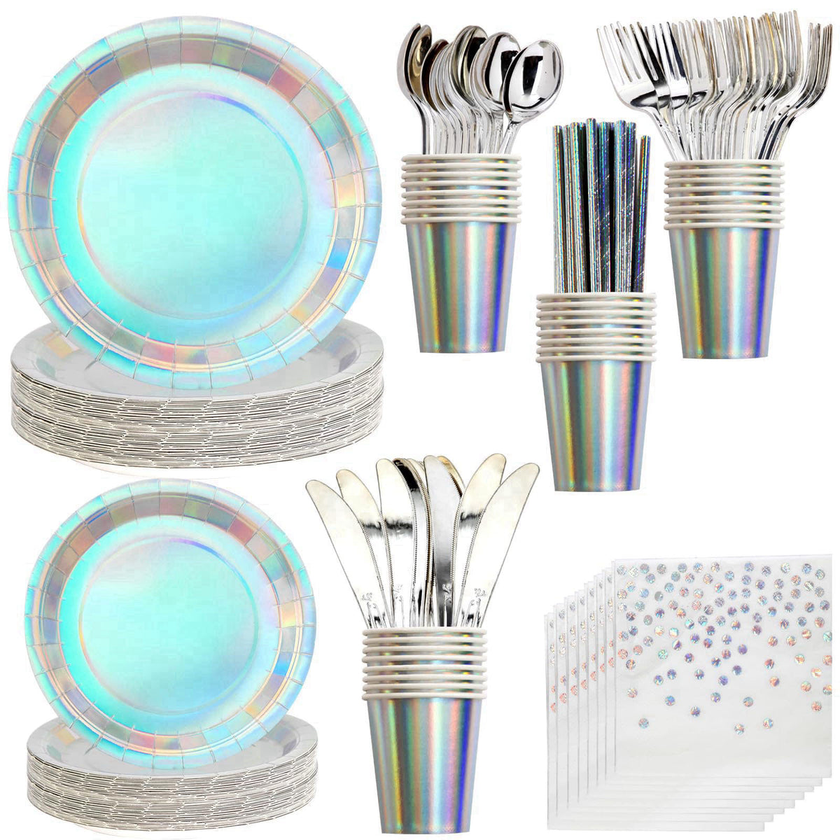 VYLURIXX 200 pieces of silver party supplies, disposable tableware set, silver paper plates, cups, napkins, plastic kniv