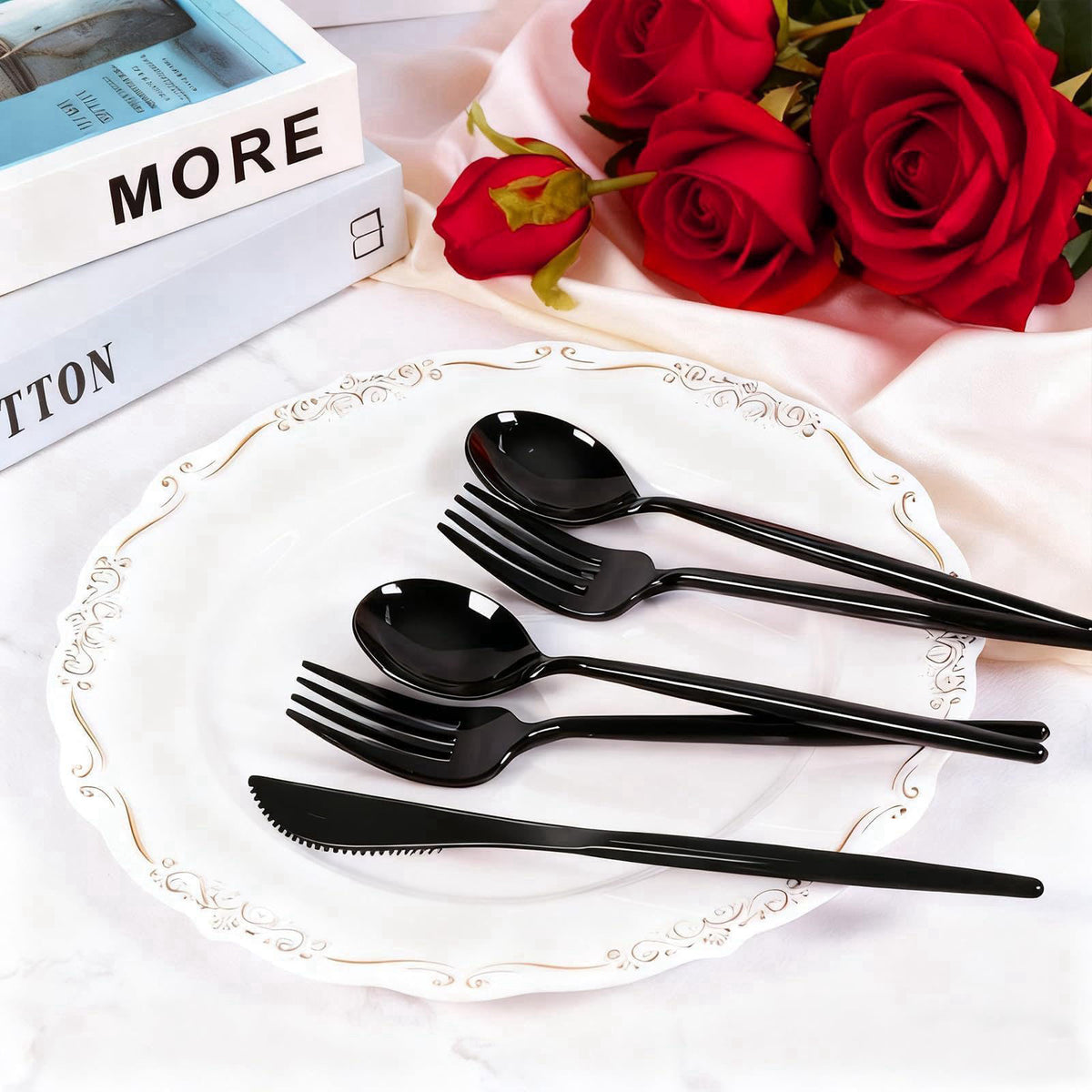 Gudvilla 120-Piece Black Plastic Silverware Set - Heavy Duty Disposable Cutlery (40 Forks, 40 Spoons, 40 Knives) - 7.7&#