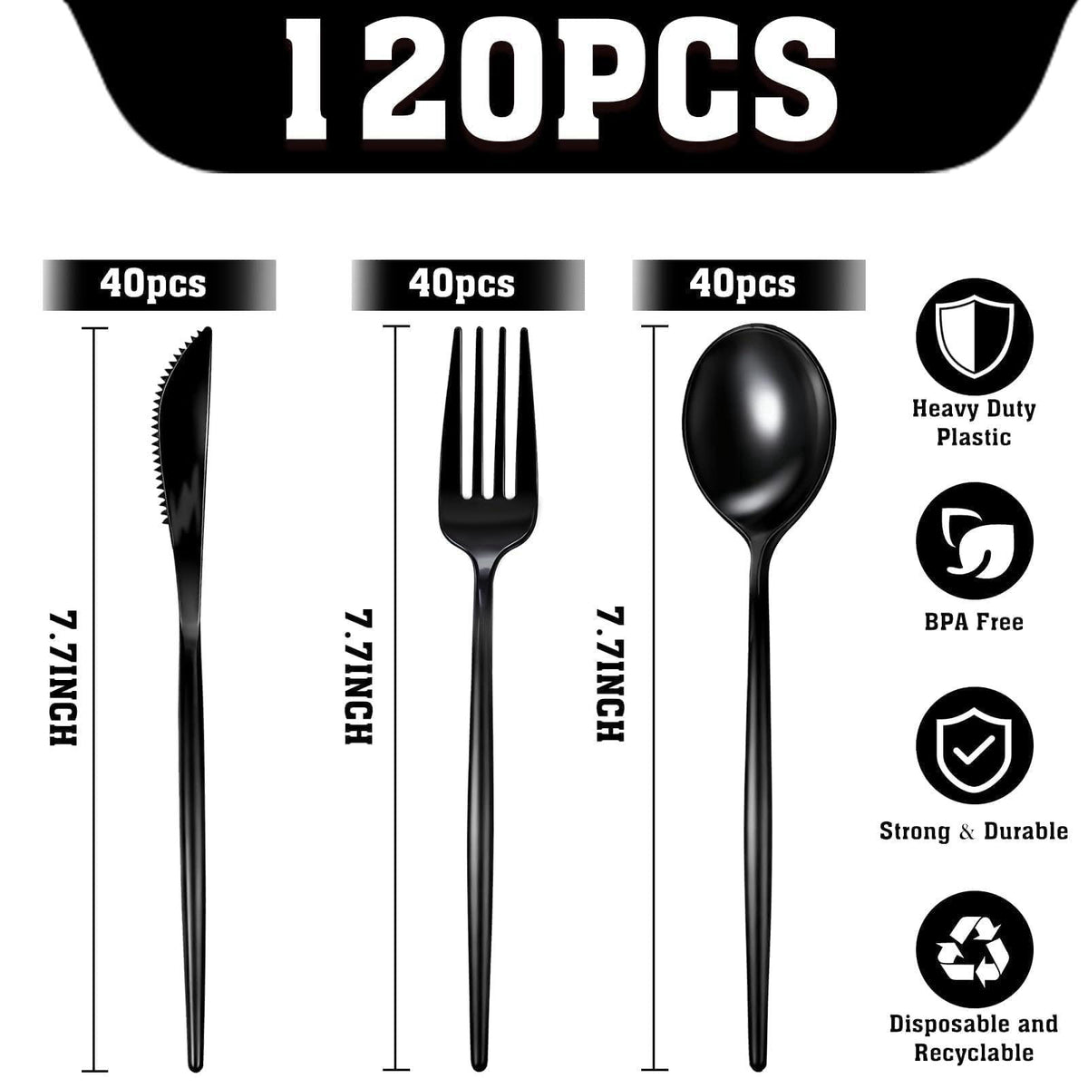 Gudvilla 120-Piece Black Plastic Silverware Set - Heavy Duty Disposable Cutlery (40 Forks, 40 Spoons, 40 Knives) - 7.7&#