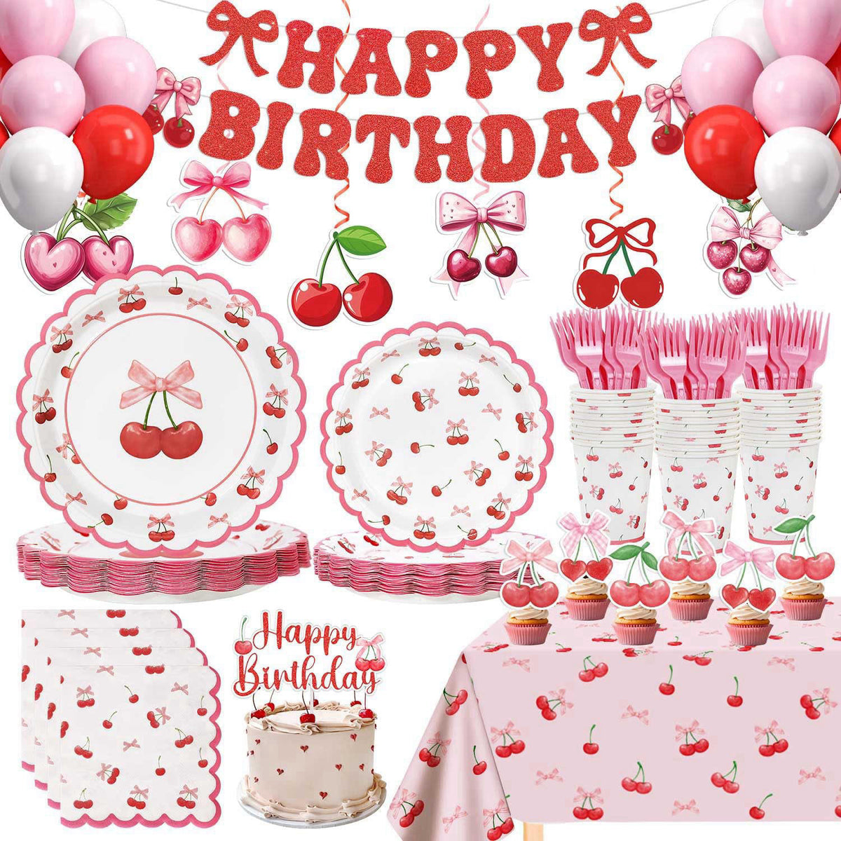 Caisehabu Cherry Birthday Decorations, 182Pcs Cherry Plates Napkins Cups Forks Tablecloth Banner Hanging Swirls Cupcake 