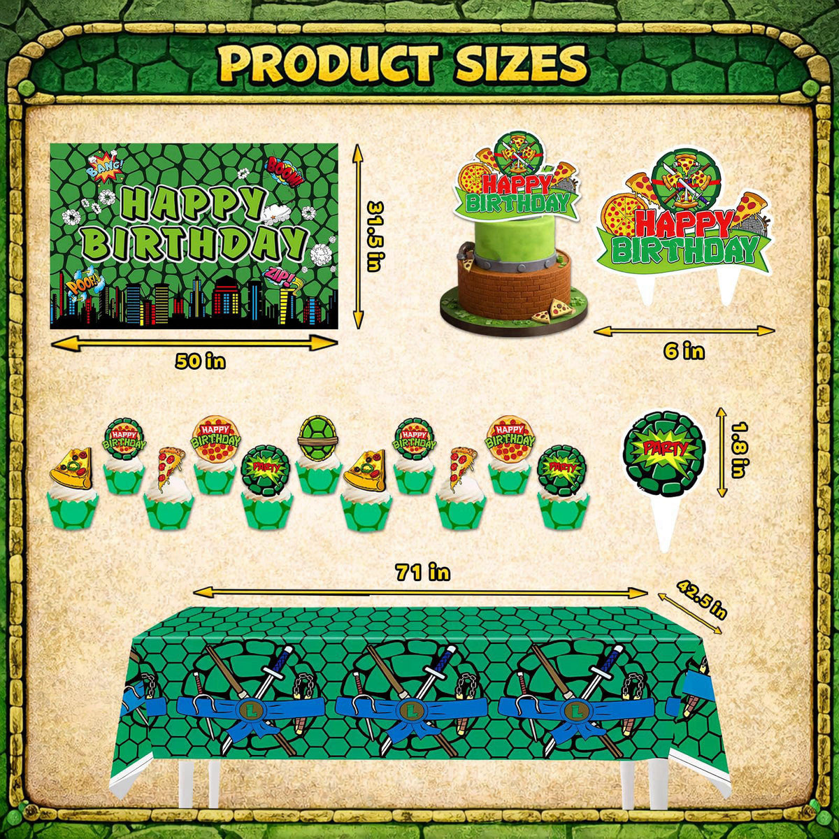 Turtle Theme Birthday Party Decorations Set - Pizza Theme Party Supplies – packaging and label