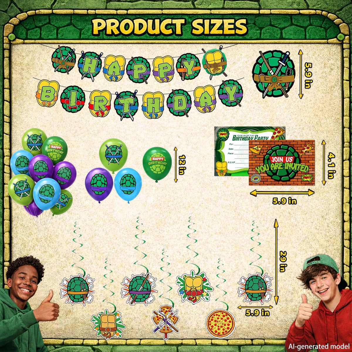 Turtle Theme Birthday Party Decorations Set - Pizza Theme Party Supplies – back view and specifications