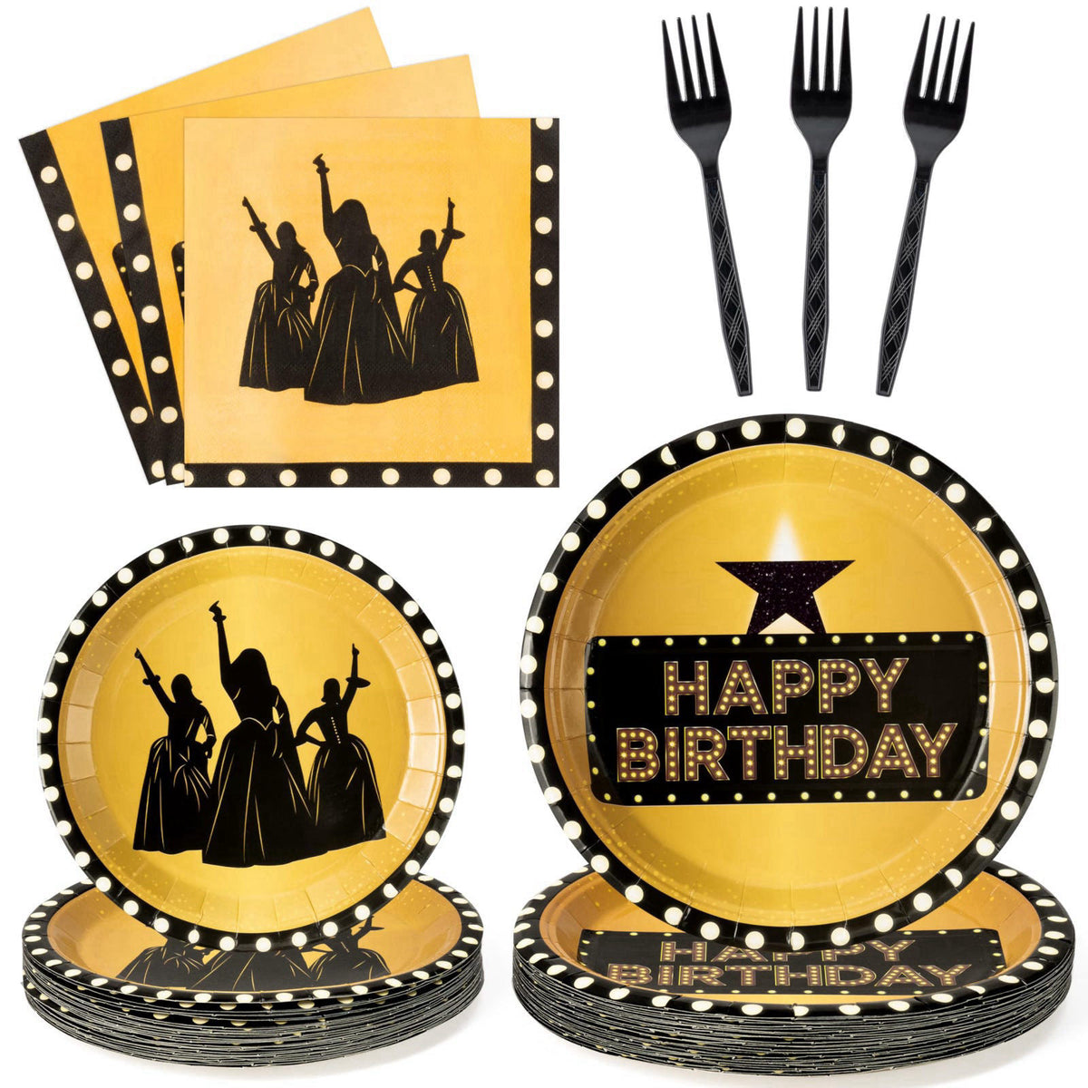 GaofanWaiㅤ GaofanWai Famous Musical Star Tableware - 96PCS Black & Gold American Musical Theater Party Paper Plate Set f