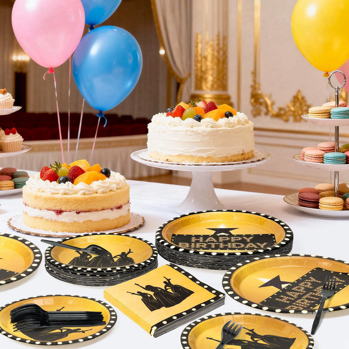 GaofanWaiㅤ GaofanWai Famous Musical Star Tableware - 96PCS Black & Gold American Musical Theater Party Paper Plate Set f