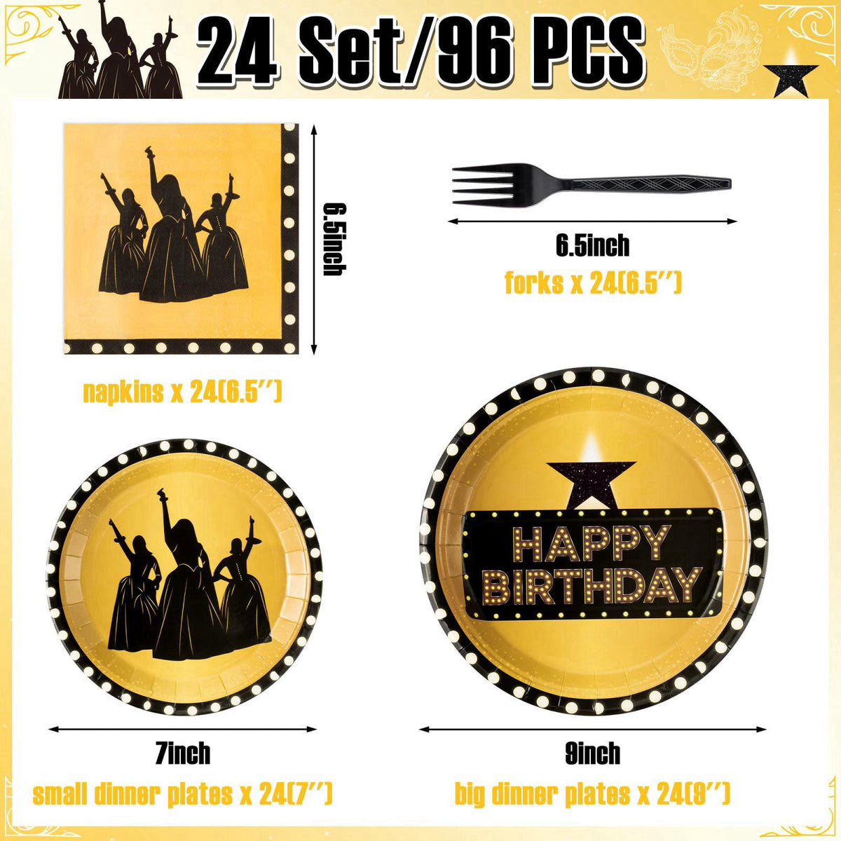 GaofanWaiㅤ GaofanWai Famous Musical Star Tableware - 96PCS Black & Gold American Musical Theater Party Paper Plate Set f